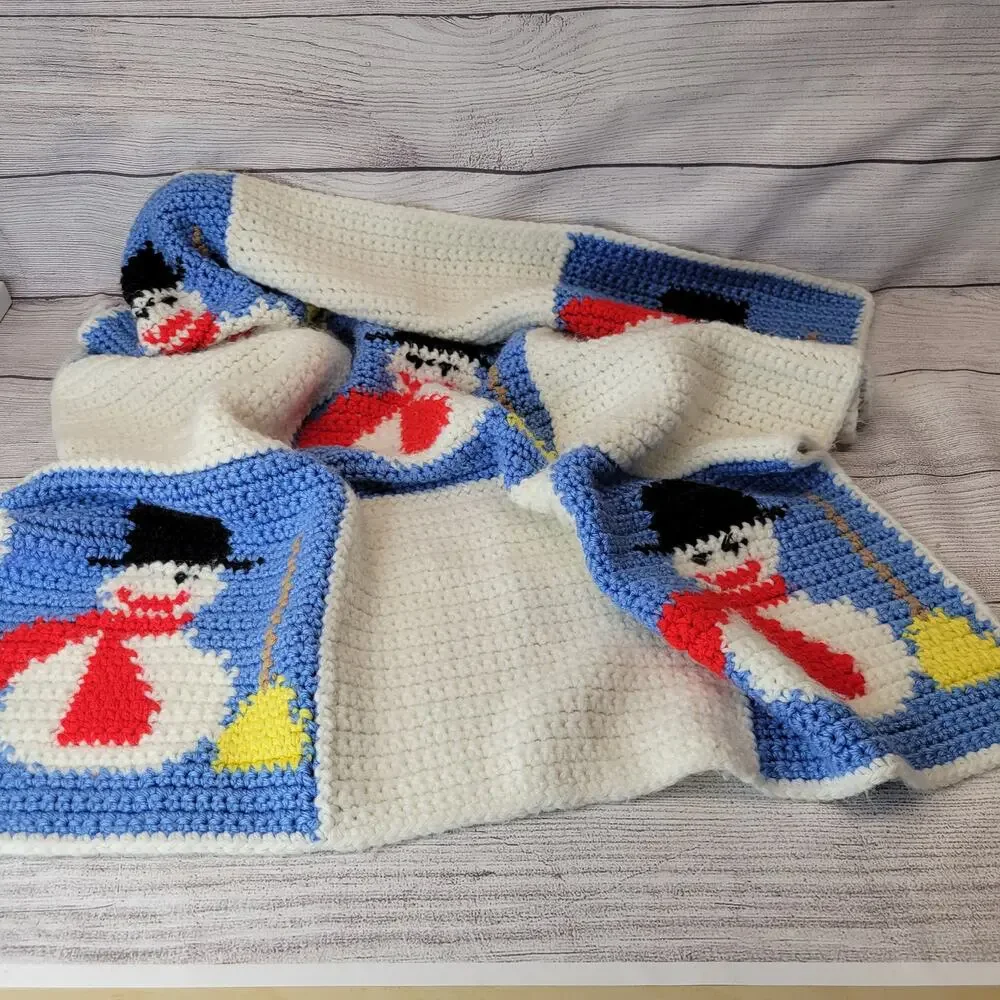 Handmade Snowman Crochet Patchwork Lap Small Blanket